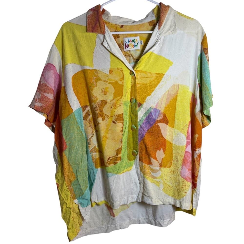 Jams World Yellow Abstract Short Sleeve Button Up Women XL Bright Floral Vintage